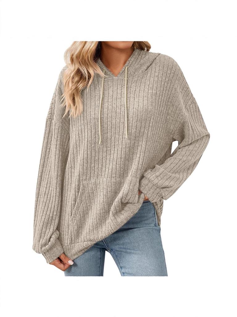 Women's Solid Color Ribbed Hooded Sweatshirt - Long Sleeve, Brushed, Autumn/Winter 2025 Collection