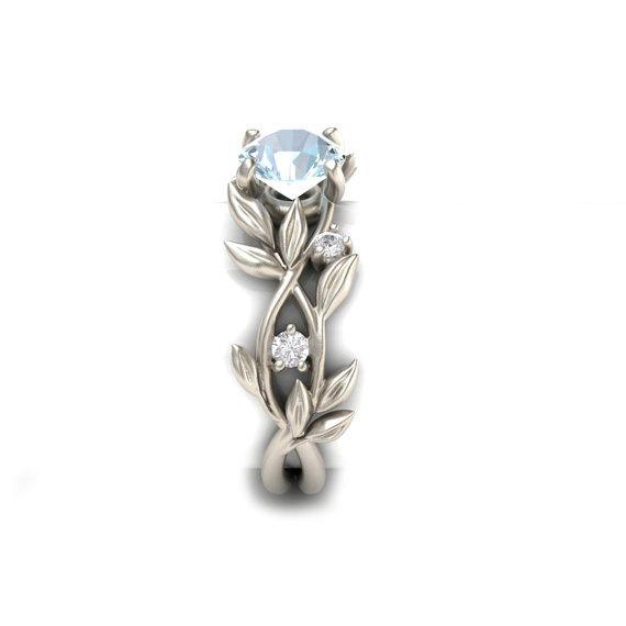 European Princess Olive Leaf Engagement Ring with Blue Zircon and Diamonds