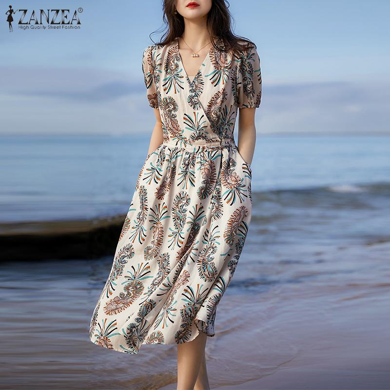 

ZANZEA Женское богемное праздничное повседневное платье с v-образным вырезом и коротким рукавом с цветочным принтом