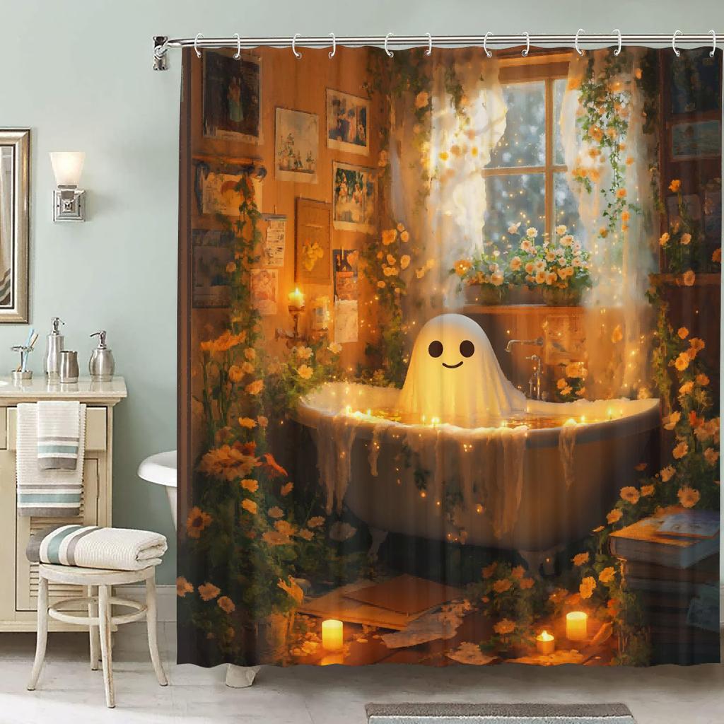 Ghost Bath Theme Waterproof Shower Curtain, Non-Woven, Art Graphic Pattern, With Hooks, Machine Washable - Art Decor Accessory