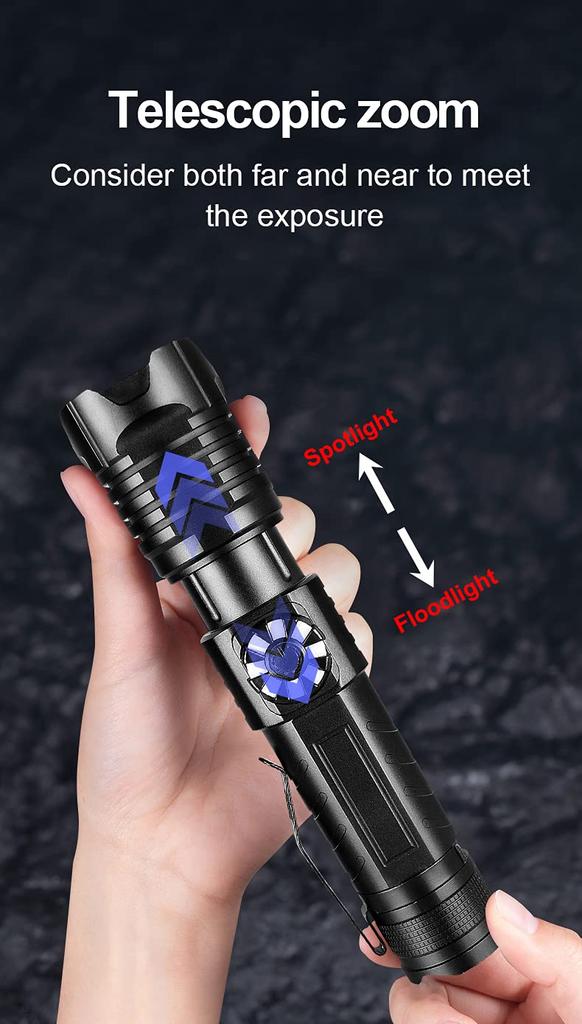 USB Rechargeable LED XHP99 8000 Lumens Tactical Flashlight with 4 Modes of Stepless Powerful Handheld Torch Light for and Emergency Situations