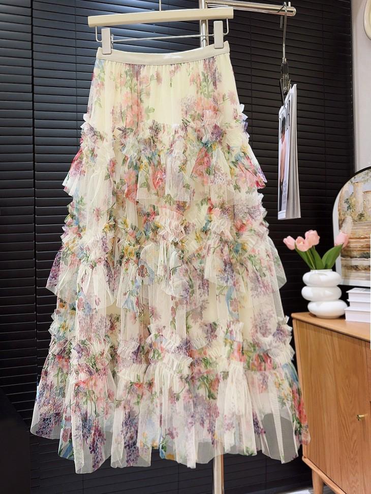 Patchwork Floral Mesh Fluffy Skirt – Women's Long Skirt with Large Hem