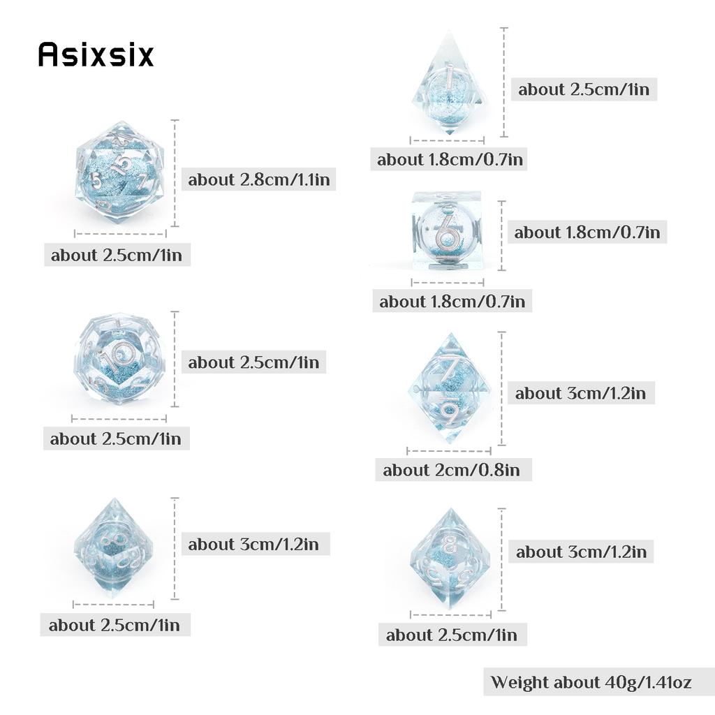 7 Pcs Transparent Blue Resin Flowing Sand White Number Sharp Edge Dice Polyhedral Dice Suitable For Dice PropBoard Game