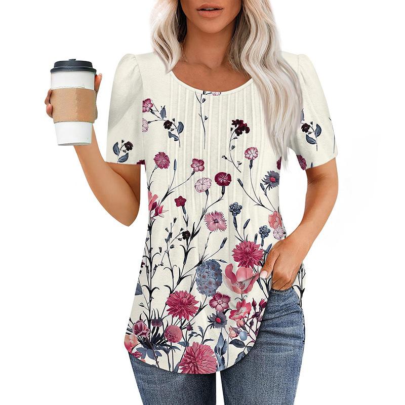 Neues plissee-Rundhals-Kurzarm-T-Shirt Damen-Oberteil Damenbekleidung