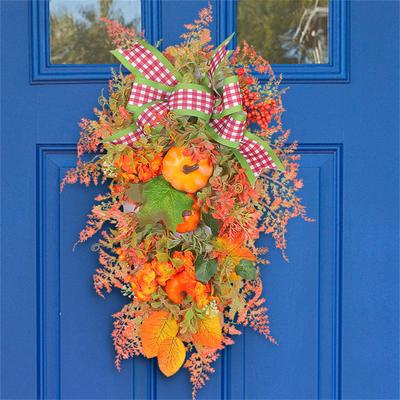 Guirlandas de Outono para Porta da Frente, Guirlanda de Folhas Artificiais, Abóbora e Frutas Vermelhas para Decorações de Guirlandas Internas e Externas
