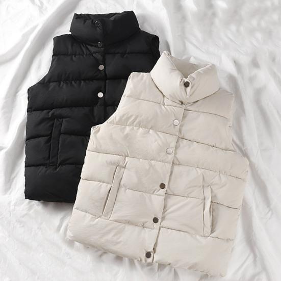 Women Vest Solid Color Sleeveless Windproof Short Stand Collar Loose Extra Thick Winter Waistcoat for Daily Wear