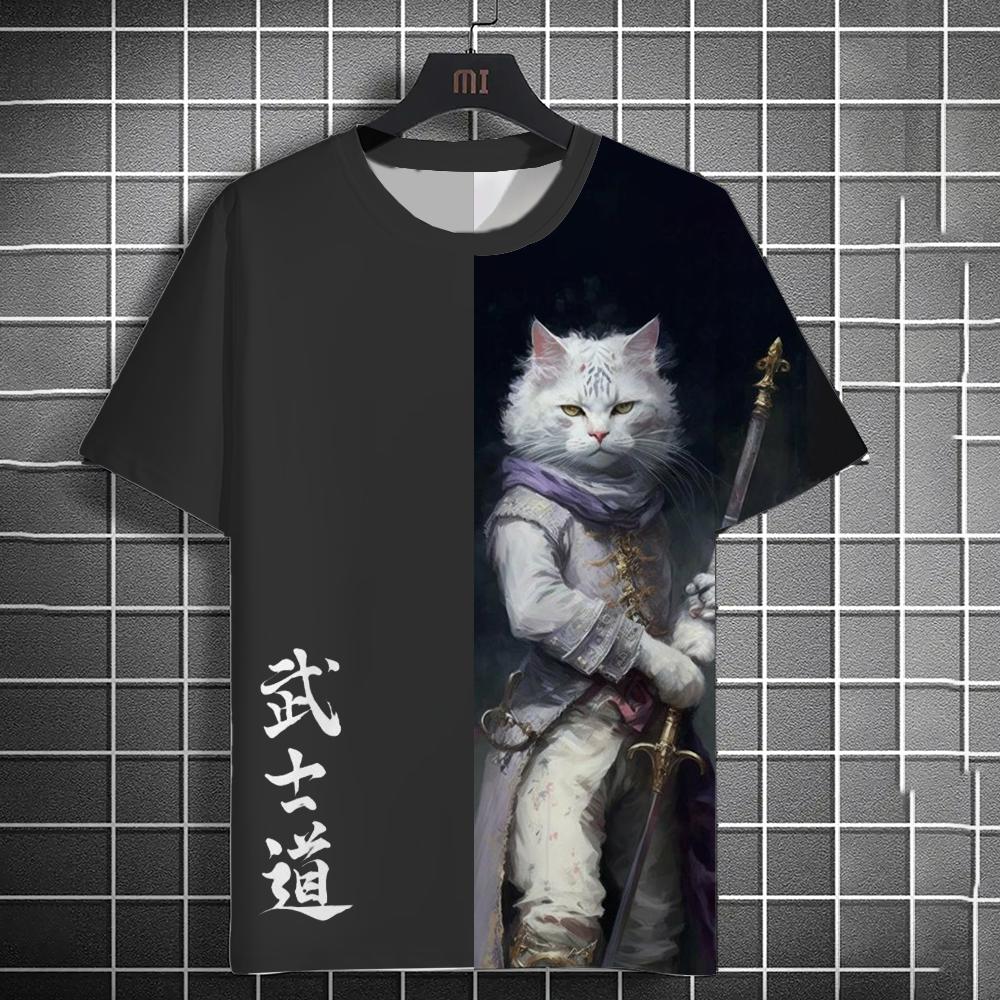Bushido Animal Cat Samurai Print Men's T-shirt Summer Short Sleeve T-shirt Men's Retro Men's Tops Casual Men's Loose T-shirt
