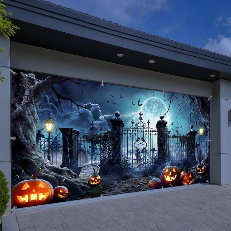 Halloween garage door decoration, Halloween full moon terrifying night door cover, Halloween cemetery eerie bat cemetery