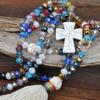 Handmade beaded crystal necklace, women's Bohemian cross pendant with turquoise tassels and sweater chain