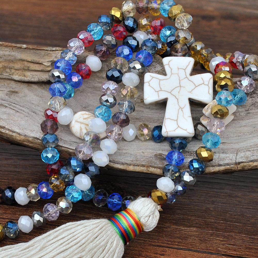 Handmade beaded crystal necklace, women's Bohemian cross pendant with turquoise tassels and sweater chain