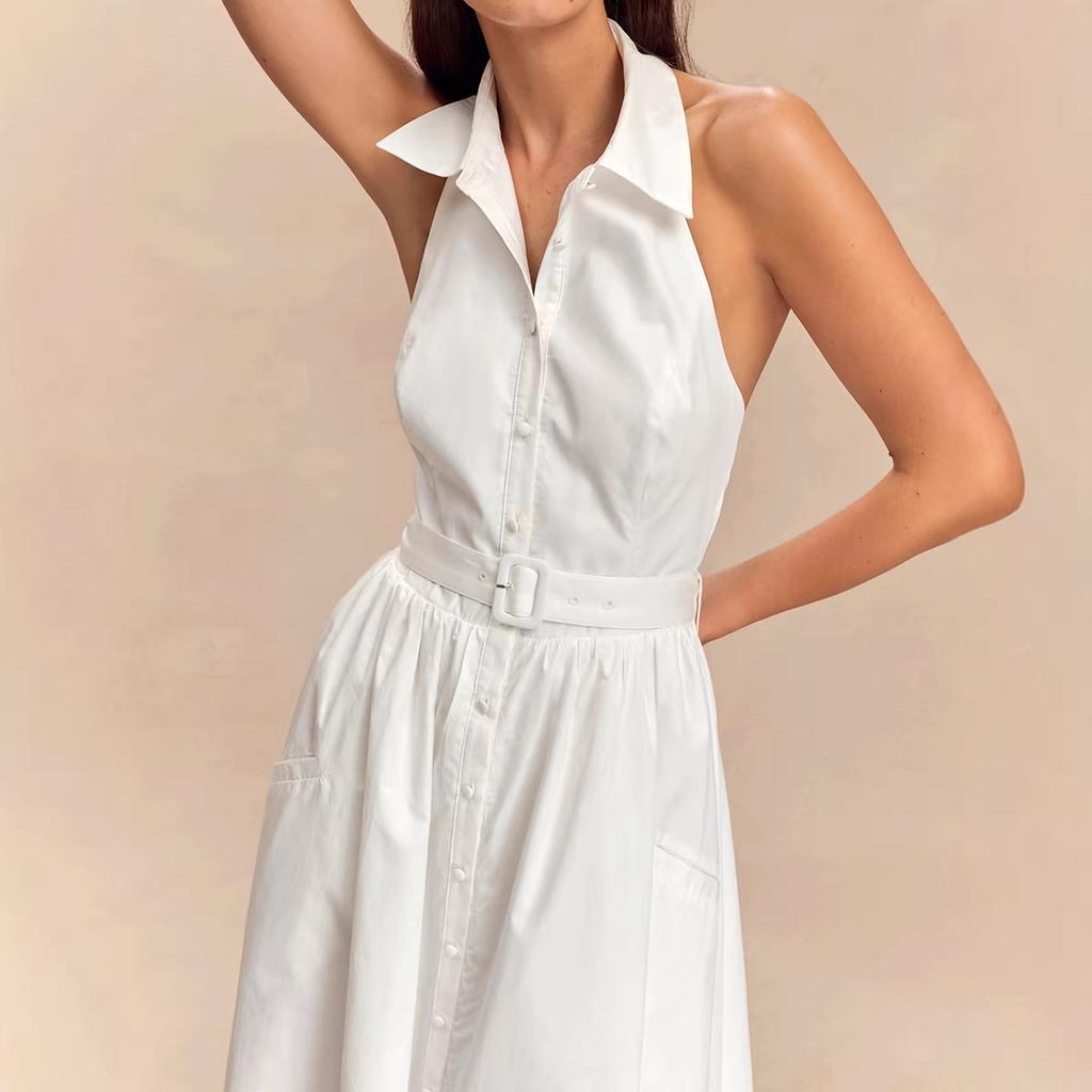 Dress European and American spring and summer new temperament commuter lapel off shoulder backless long neck dress