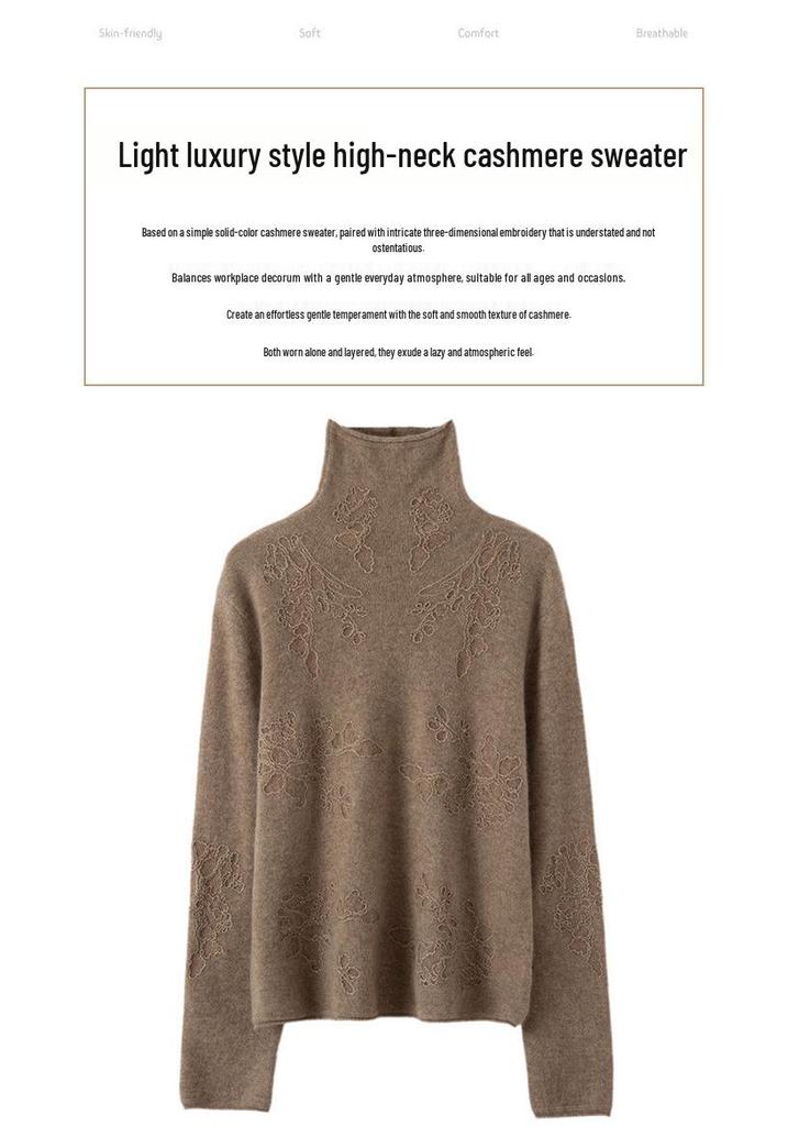 Lekasha 100% Pure Cashmere Rolled Edge High Neck Embossed Knit Top