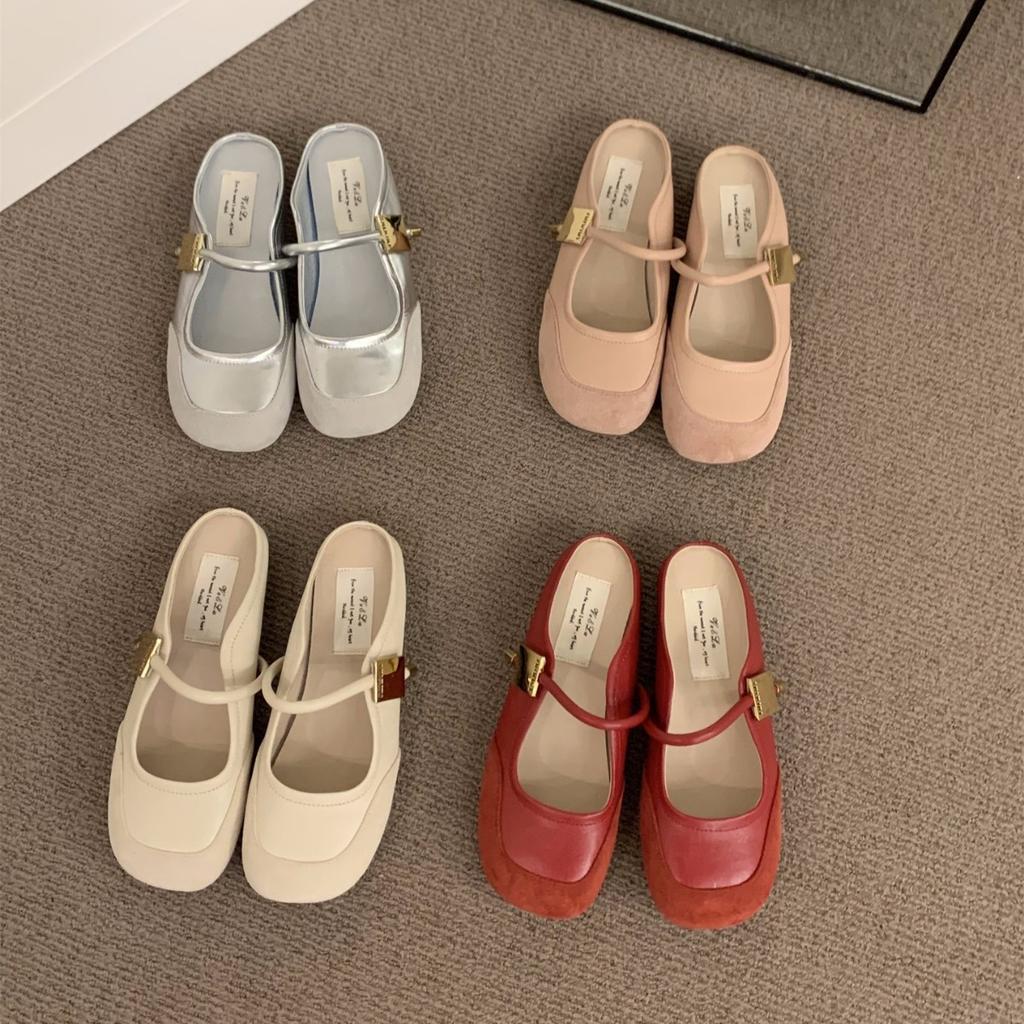 Flat-bottomed French small fragrant bag head half slippers women's shoes wear 2025 new summer Mary Jane half tray sandals