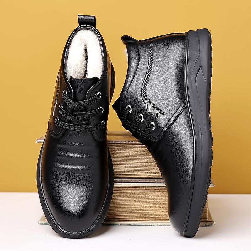Men's Winter Wool-Lined Leather High-Top Non-Slip Shoes