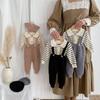 New Fall/Winter Infant Waffle Knit Cardigan & Striped Long Sleeve Overalls Set