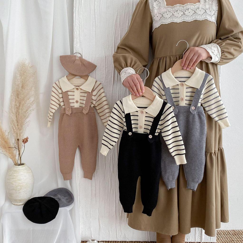 New Fall/Winter Infant Waffle Knit Cardigan & Striped Long Sleeve Overalls Set