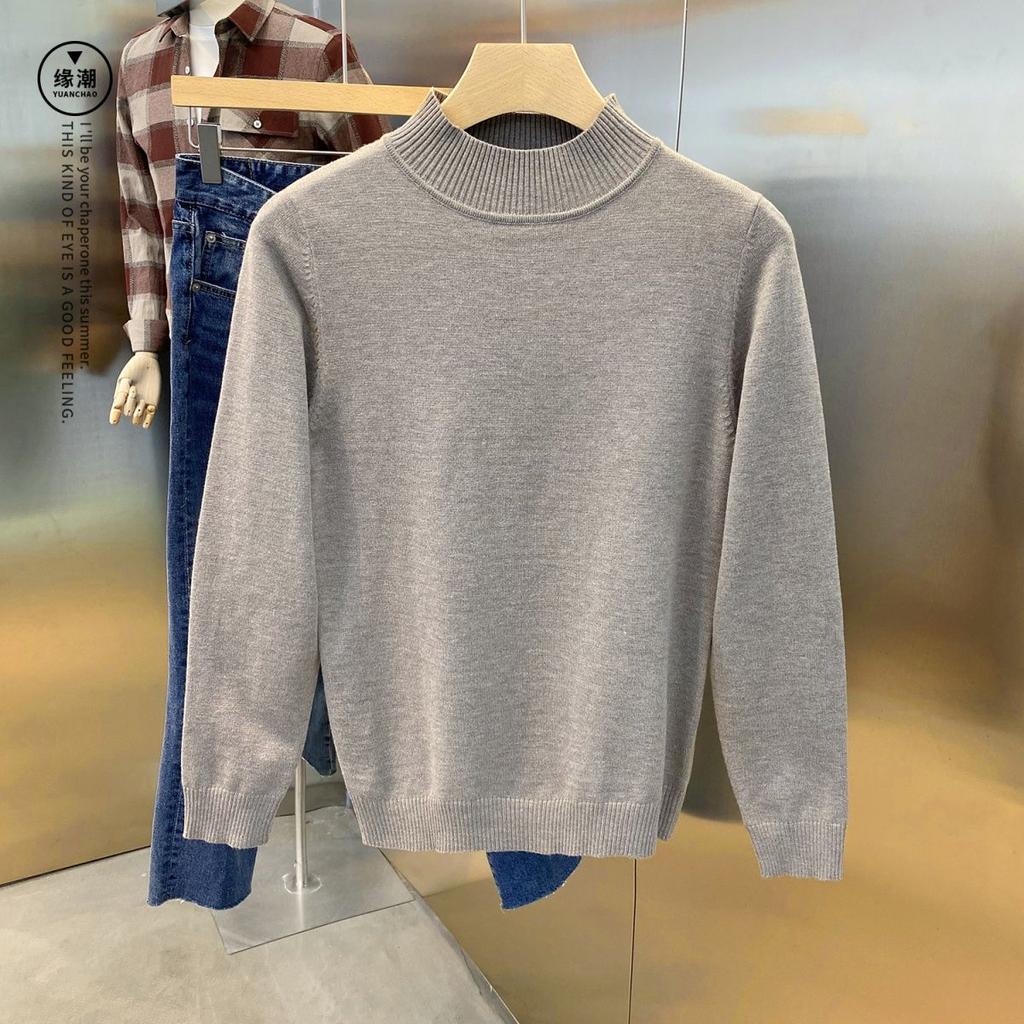 Spring Autumn Men's Half High Collar Solid Color Pullover Splice Casual Fashion Elegant Commuter Long Sleeve Sweater