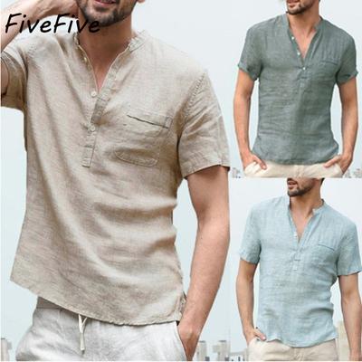 Camisa de lino de manga corta de color liso con cuello alto informal de verano para hombre, blusa básica holgada y transpirable a la moda para jóvenes con bolsillo