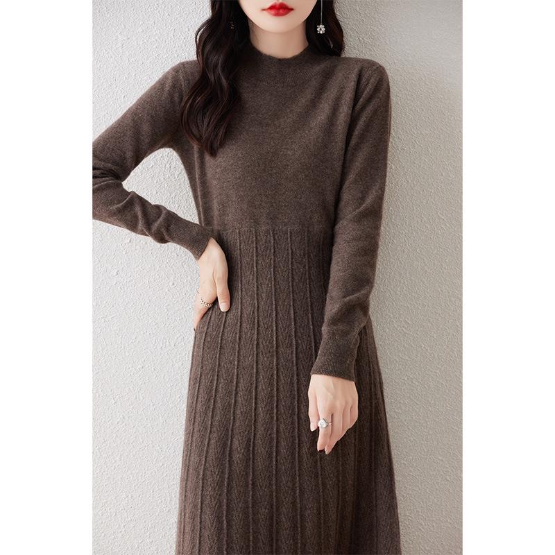 Elegant Merino Wool Women's Bodycon Knit Dress - New Style with Half High Neck and High Waist Design