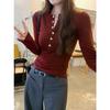 Women's Wine Red Button-Up Henry Collar T-Shirt - Spring/Autumn Waist-Cinching Long Sleeve 2026