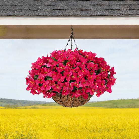 1/2Pcs Hanging Artificial Bougainvillea Speetabilis with Coconut Palm Flower Basket UV Resistant Fake Flower Indoor Outdoor Faux Bloom Decoration
