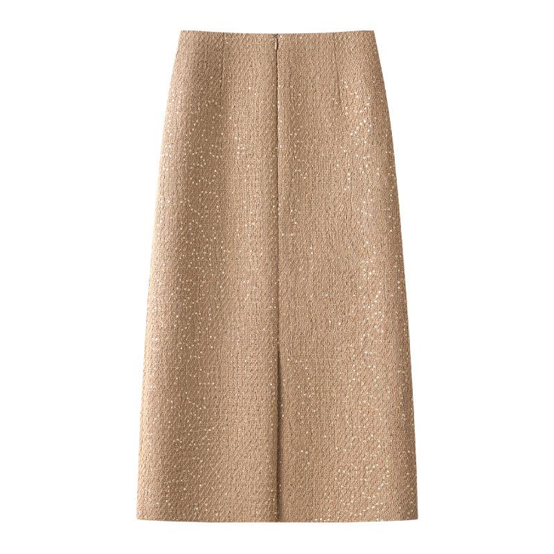 2024 Women's Yellow Sequined Tweed Midi Skirt – Autumn/Winter Straight Bodycon