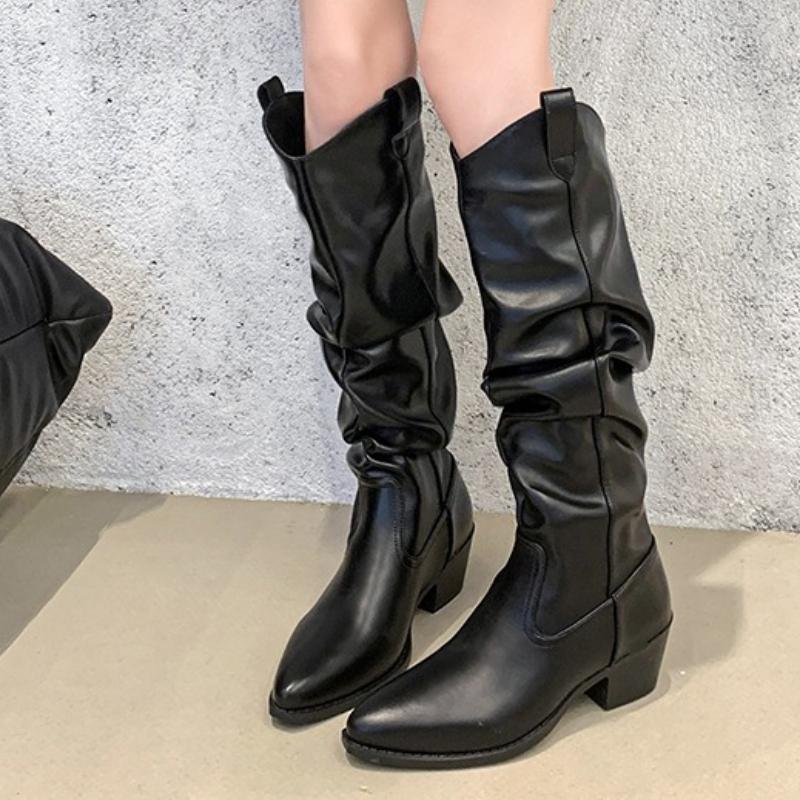 Women High Boots Pleated Knee High Heeles Shoes Sexy Pointed Toe Chunky Chelsea Boots 2025 Designer Winter New Pumps