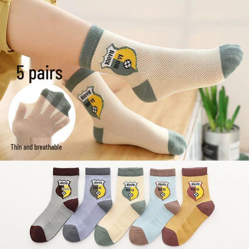 Boys' Breathable Cotton Sports Socks - Summer Thin, Anti-odor, Mesh, Mid-calf