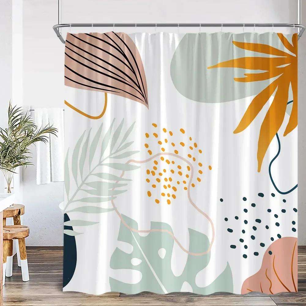 Vintage Abstract Shower Curtain Green Leaf Geometric Nordic Modern Bathtub Decorative Simple Polyester Shower Curtain with Hook