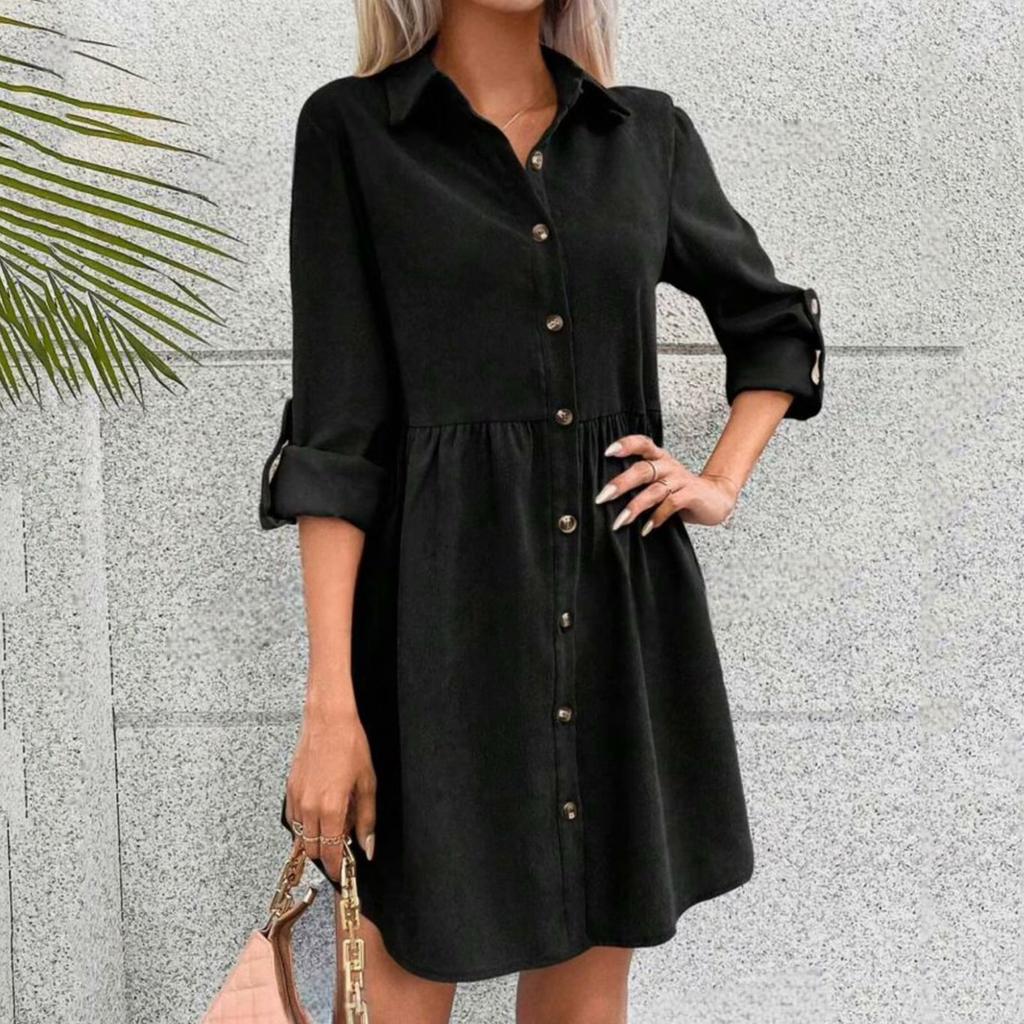 Women's Casual Button Down Shirt Dress, Long Sleeve Collared Tunic Mini Dress, Loose Fit Solid Color Spring Summer Outfits