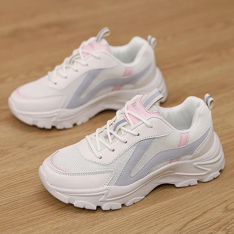 Fashion Platform Sports Shoes Woman Sneakers Mesh Breathable White Running Shoes Comfortable Outdoor Fashion Vulcanize Chunky Flat Ladie