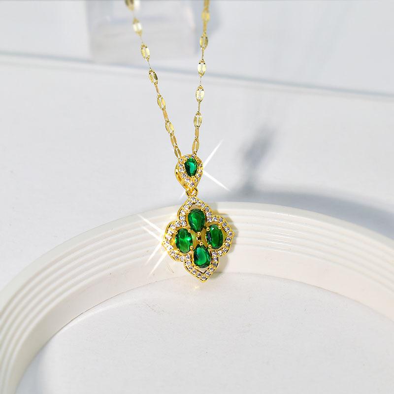Wind Slightly Inlaid Jade Four-Leaf Flower Necklace Light Luxury Simple High Sense Women'S Titanium Steel Clavicle Chain Accessories