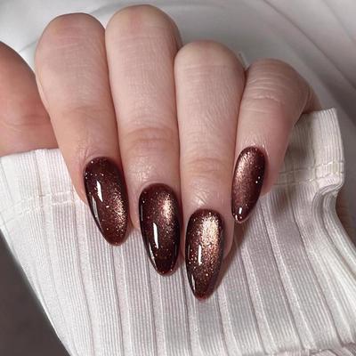 24 STKS Amandelvormige Nepnagels Bruine Effen Kleur Kattenoog Glitters Press-on Gelnagels Spicy Meisjes Stijl Glanzende Afneembare Nepnagels