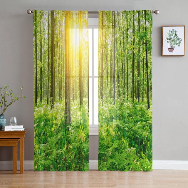 Simple Woods Green Trees Tulle Voile Curtains Bedroom Hotel Home Decor Sheer Curtains For Living Room Chiffon Printed Drapes