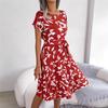 European And American Ladies Long Skirt Summer Casual Leaf Print Short-sleeved Large Pleated Round Neck Dress