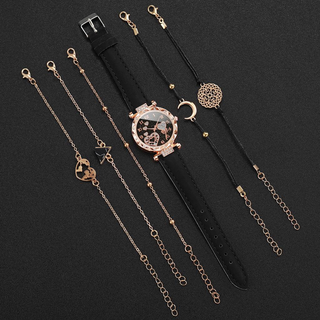 6PCs/Set Women's Fashion Watch Round Multi Heart Dial Leather Strap Quartz Watch with Black Triangle Bracelet