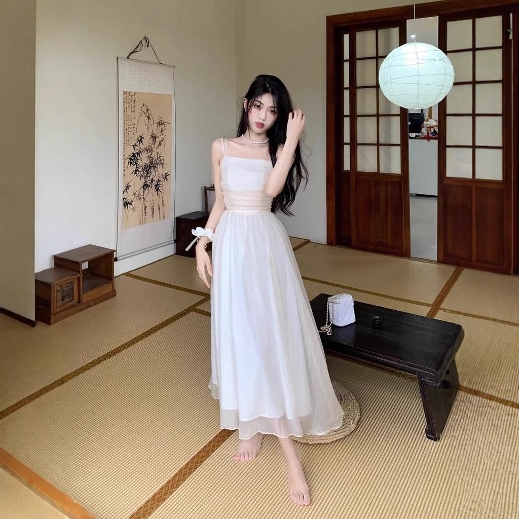 Tube top suspender dress women's summer new super fairy waist thin mesh retro temperament first love long dress