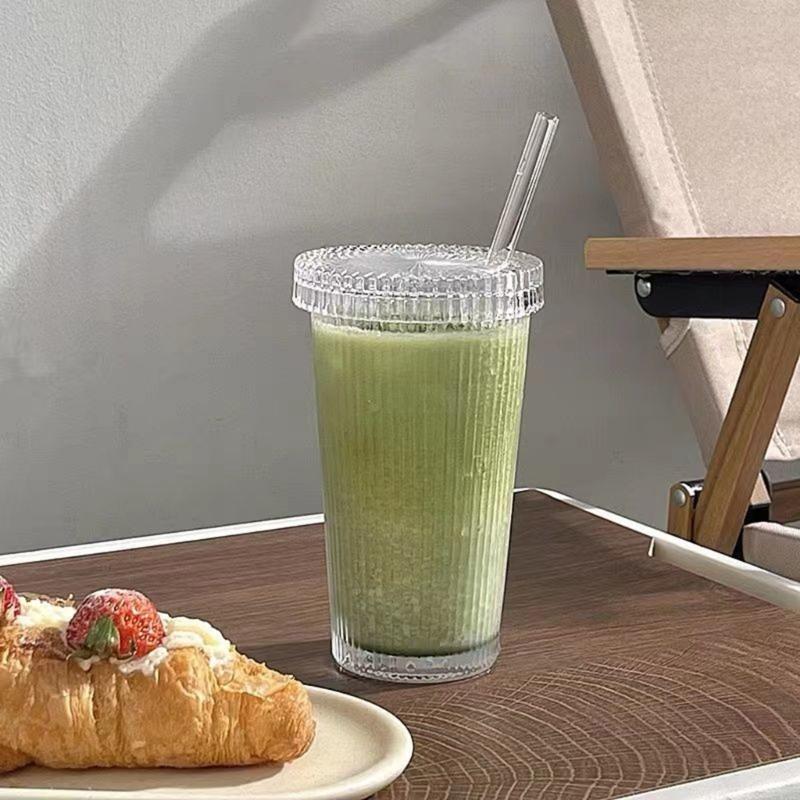 Coffee Mugs Milk Cup Glass Material Striped Glass Cup with Straw Drinking Cup Juice Cup Glass Material for Any Occasion