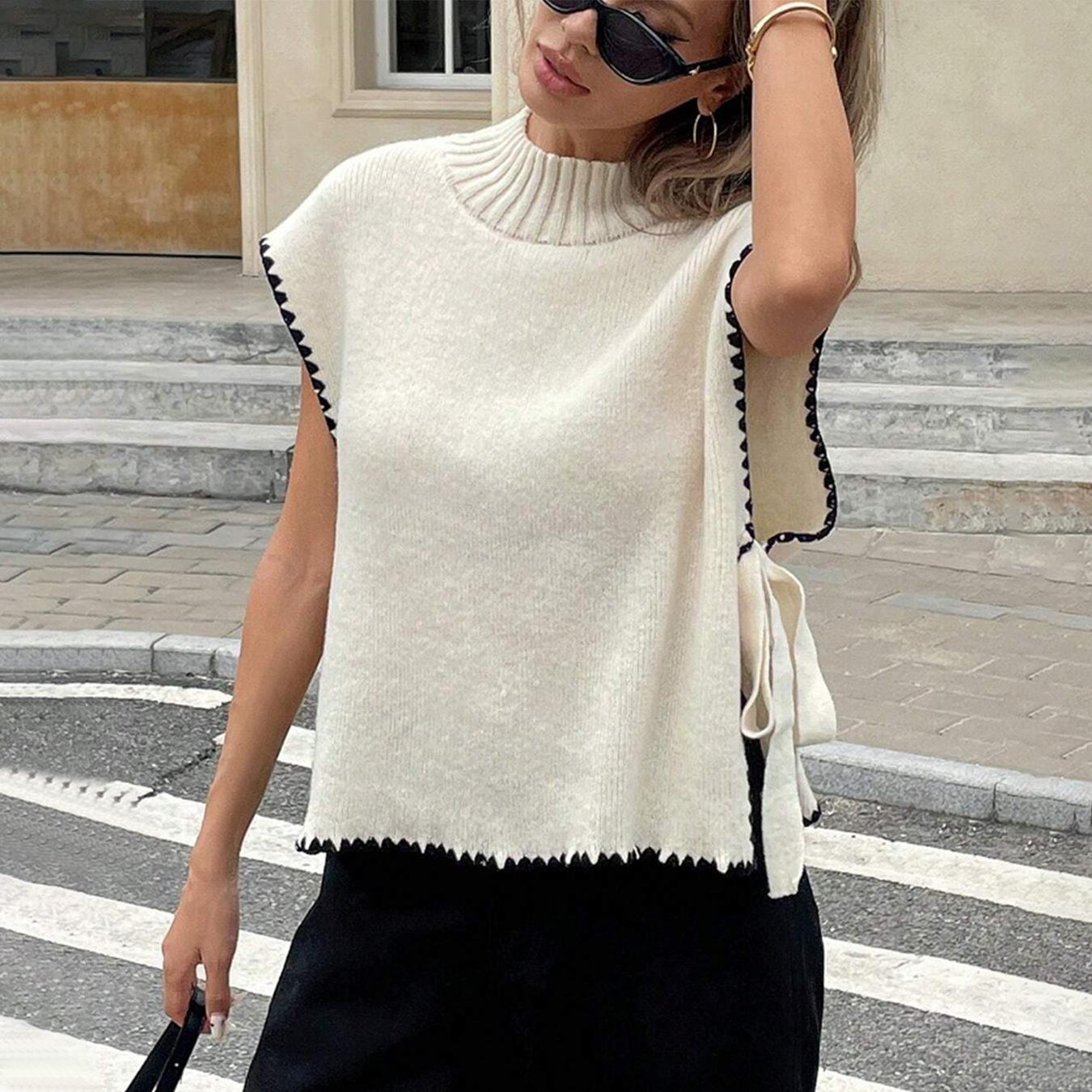 

Женский жилет с полувысоким воротником, цветной бант, вязаный жилет, свободный свитер без рукавов, жилет, топ XL абрикосовый