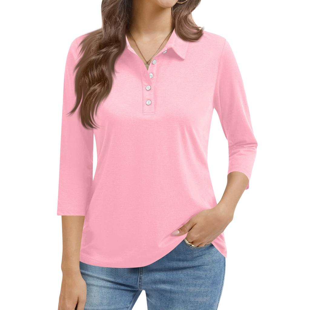Women's Fashion Casual Lapel Short 3/4 Sleeve Color Shirt Women's Button Up Tops