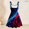 Women Plus Size Off Shoulder Strappy Dress Red Blue White Tie Dye Printed Sleeveless Fitted Waist Flared Hem