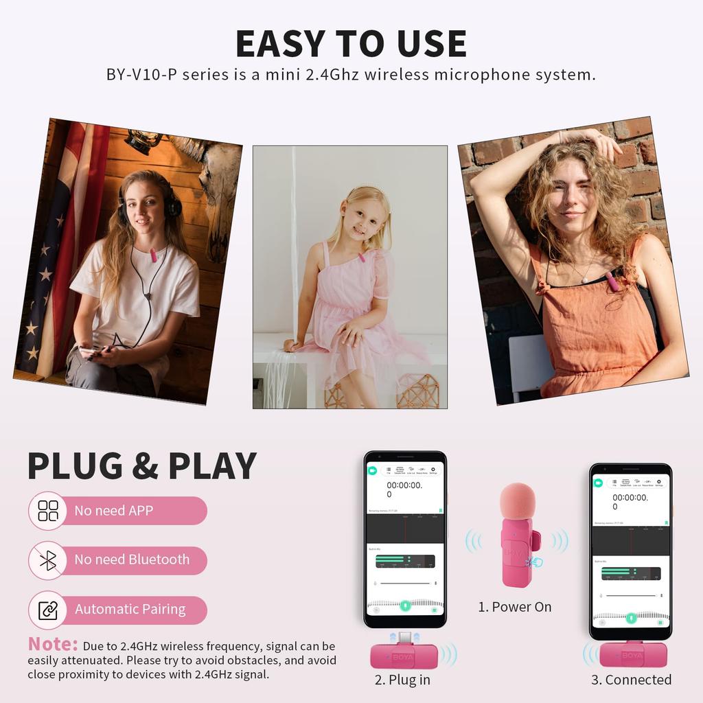 BOYA Wireless Lavalier Microphone, Omnidirectional, External Mini Lapel Microphone for iPhone, iPad, and Android Phones, Lightning USB-C (Pink, USB-C