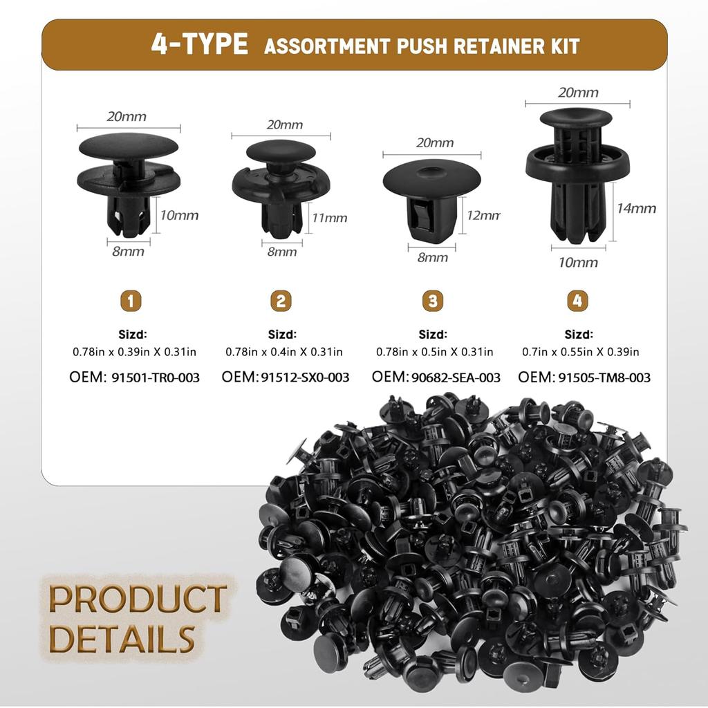 Assortment Push Retainer Clips Kit With 4 Size Compatible Honda Acura Accord Civic Fender Liner Bumper Replace 91501-TR0-003, 91512-SX0-003 - 121Pcs
