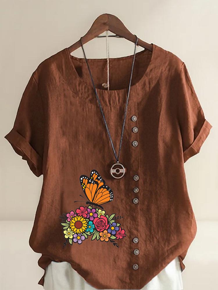 Women's Fashion Butterfly Flowers Print Casual Cotton Linen Short Sleeve Round Neck T-shirt Shirt Leisure Loose Summer Blouse Tops