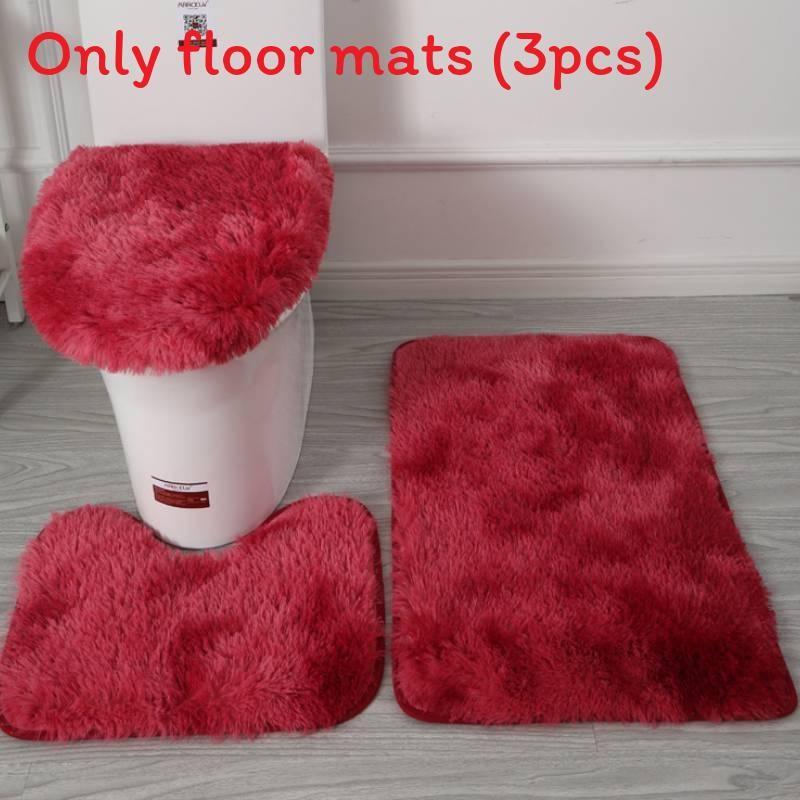 Non Dye Tie Slip Mat Fluffy Plush Bathroom Toilet Seat Cover Carpet 3 Piece Set