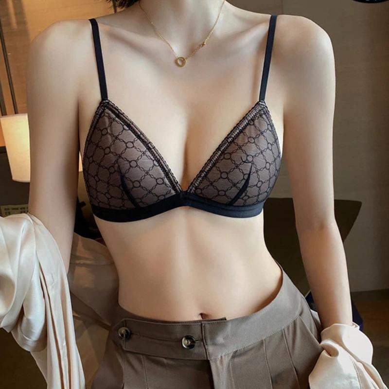 Women Nude Lace Mesh Triangle Cup Wireless Comfort Bra