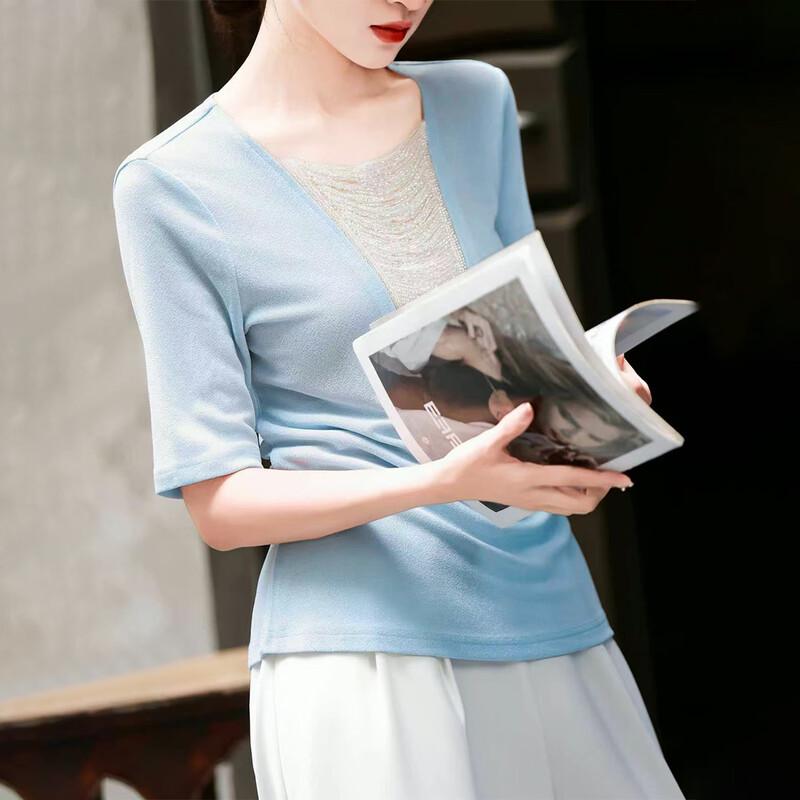 Lanseer French Beaded V-Neck Acetate Blend T-Shirt Top