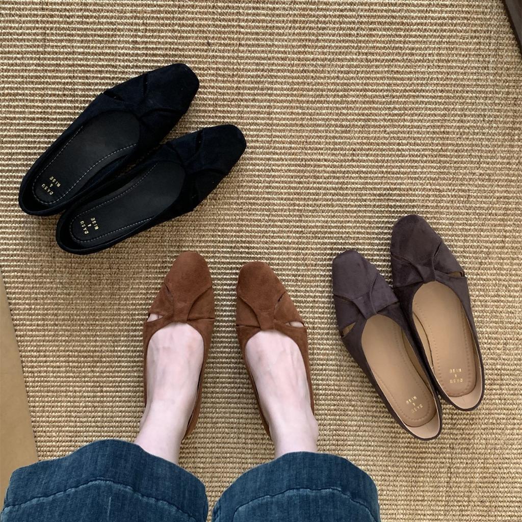 Flat Bottom Retro Suede Square Head Single Shoes Women's Shoes 2025 New Summer French Soft Sole Versatile Black Commuter Shoes