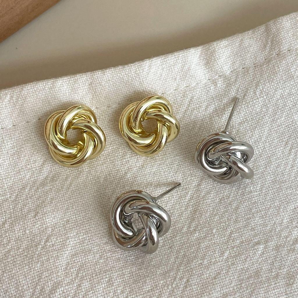 Korean Minimalist Knotted Metal Stud Earrings with Silver Needle – Elegant Niche Design for Women