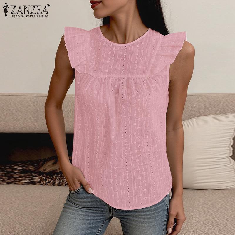 ZANZEA Women Summer Round Neck Sleeveless Casual Crochet Tank Tops